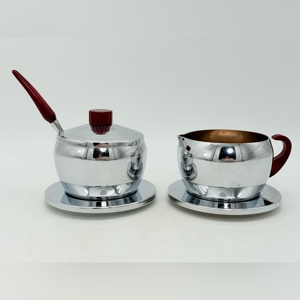 1960s Chrome & Cherry Red Bakelite Sugar and Creamer Set, Glo Hill set